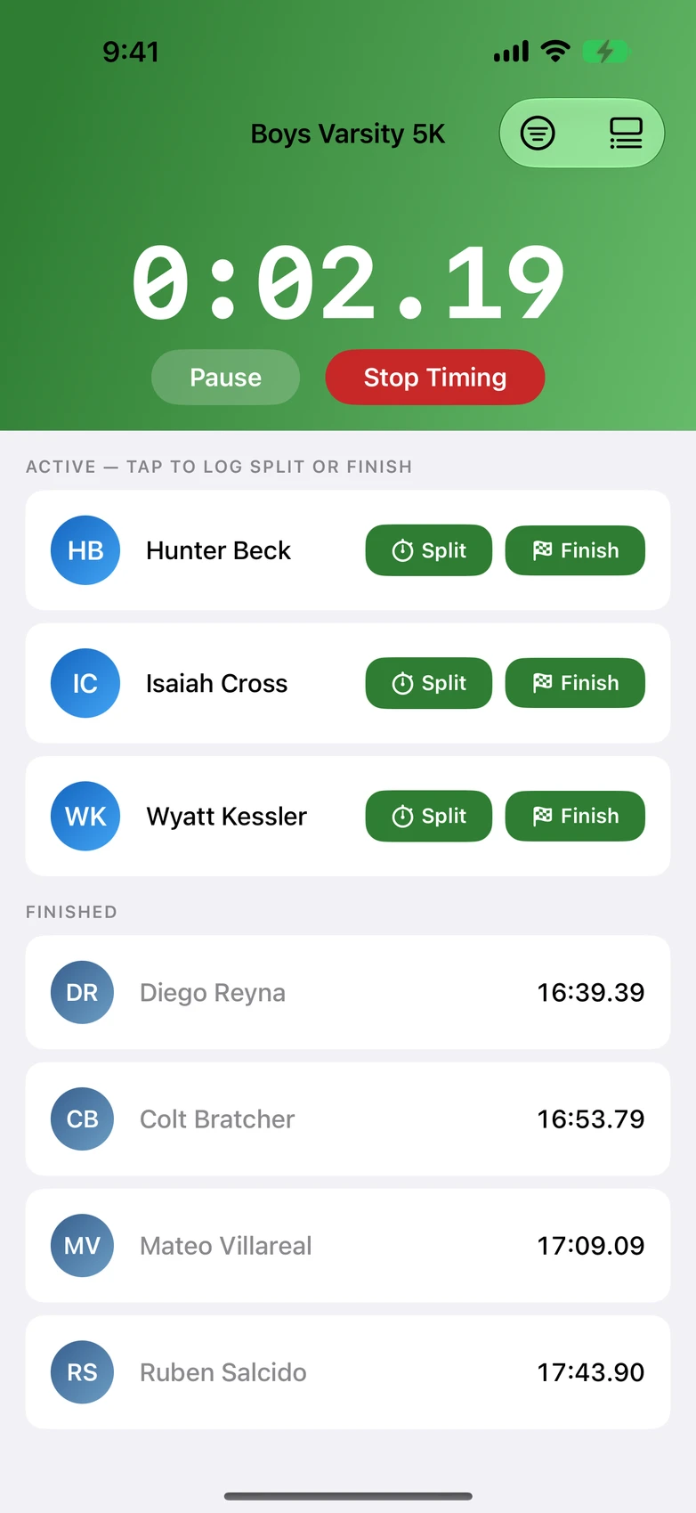 XC — mid-race timer with splits